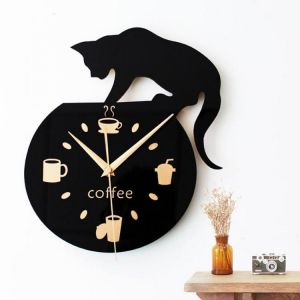 Silent Cartoon Wall Clock Cute Climbing Cat For Drinking Coffee Clock Wall Decoration Cup Coffee Clock Living Room Home Decor