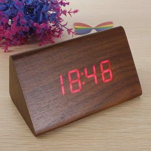 Triangular Wooden LED Alarm Clock Wood Digital Thermometer Clock