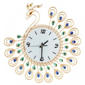 Large 3D Gold Diamond Peacock Wall Clock Metal Watch For Home Living Room Decoration DIY Clocks Crafts Ornaments Gift 53x53cm