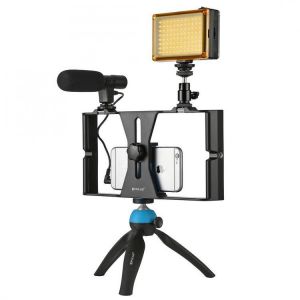 PULUZ PKT3023 Smartphone Video Rig LED Studio Light Video Shotgun Microphone Mini Tripod Mount Kits with Cold Shoe Tripod Head for