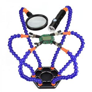 6 Flexible Arms Soldering Vise Helping Hands Third Hand PCB Repair Fixture with Magnifying Glass Lens &amp; LED Flashlight