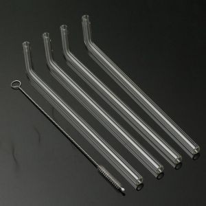 4Pcs 5mm Reusable Clear Bent Glass Drinking Straws Water Juice Straws with Cleaning Brush