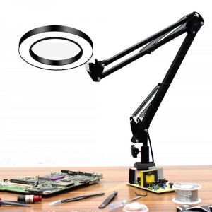 DANIU Flexible Desk Large 33cm+33cm 5X USB LED Magnifying Glass 3 Colors Illuminated Magnifier Lamp Loupe Reading/Rework/Soldering