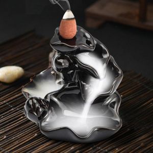 shopping ציוד לבית Backflow Incense Cone Burner Holder Ceramic Lotus Stream Fragrant Smoke Backflow Home Censer Decor