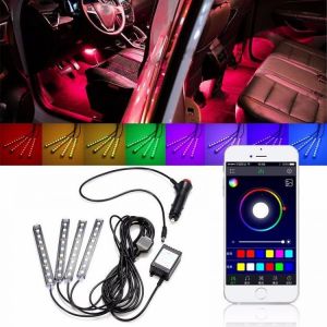 shopping אורות לרכב 4Pcs LED Car Interior Decoration Lights Floor Atmosphere Light Strip Phone App Control Colorful RGB