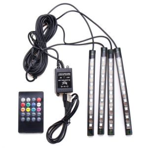 shopping אורות לרכב 4Pcs USB LED Car Interior Decoration Lights RGB Floor Atmosphere Light Strip Music Control Neon Lamp