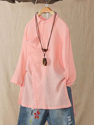 shopping חולצות וסוודרים Vintage Button Stand Collar Long Sleeve Chinese Style Cotton Blouse