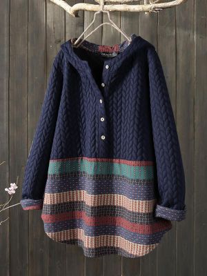 Vintage Jacquard Patch Print Long Sleeve Button Sweatshirt Hoodie