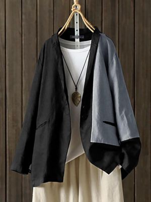 Women Long Sleeve Turn Down Collar Color Patchwork Open Front Coat Blazers