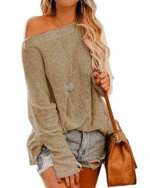 Women Off Shoulder Long Sleeve Blouse Casual Pullover Knit Sweaters