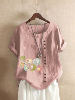 Button Cartoon Floral Print Short Sleeve Casual T-shirts