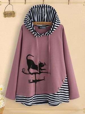 Cartoon Cat Stripe Patchwork Long Sleeve Hoodie Sweatshirt For Women