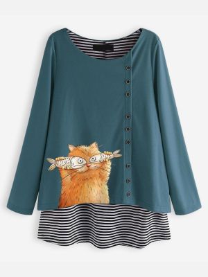 Cartoon Cat Stripe O-neck Long Sleeve Button Blouse