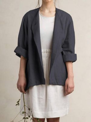 Women Cotton Turn-down Collar Thin Coat Long Sleeve Solid Blazers