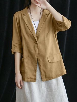 shopping חולצות וסוודרים Women Cotton Turn Down Collar Blazers Solid Color Pocket Coats