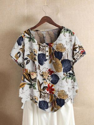 Button Leaves Print Short Sleeve Summer Vintage T-shirts