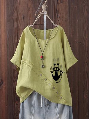 Women Button Cartoon Cat Print Short Sleeve Summer T-shirts