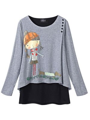 Cartoon Print Long Sleeve Crew Neck Women Blouse