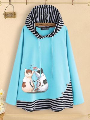 Stripe Patchwork Cartoon Cat Print Button Hoodie Sweatshirt