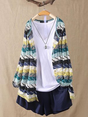 Women Color Patchwork Striped Knitting Long Sleeve Cardigans