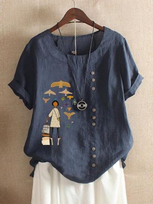 Women Casual Print Cartoon Girl Button T-Shirts