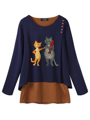 Women Casual Print Cat Long Sleeve Blouse