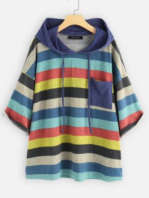 Women Hooded Color Patchwork Striped 3/4 Sleeve Blouse