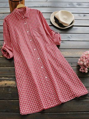 S-5XL Women Vintage Turn-Down Collar Plaid Blouse