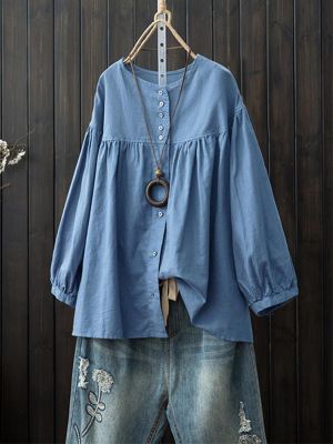 Women Long Sleeve Crew Neck Button Down Cotton Blouse