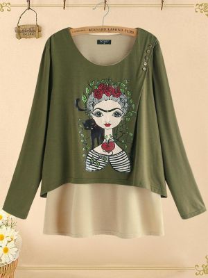 Print Girl Button Round Neck Long Sleeve Vintage Blouse