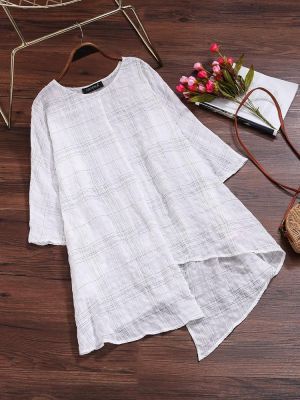 Vintage Women Long Sleeve Plaid Asymmetrical Baggy Blouse