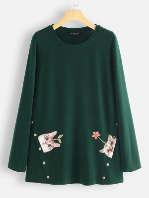Casual Funny Cats Print Side Button Crew Neck Long Sleeve Blouse