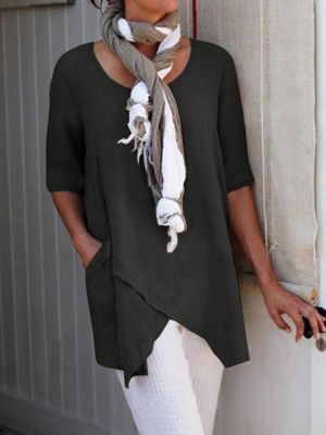 Women Solid Half Sleeve Cotton Irregular Hem Blouse