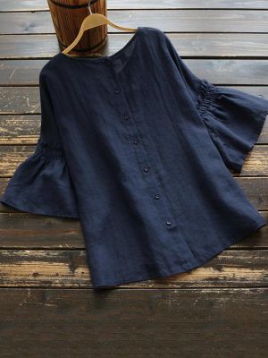 Women Solid Cotton High Low Hem Casual Loose Blouse