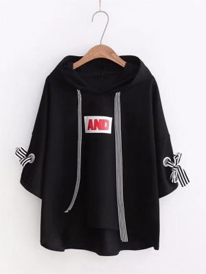 Letters Printed Half Sleeve Hooded Sweatshirt