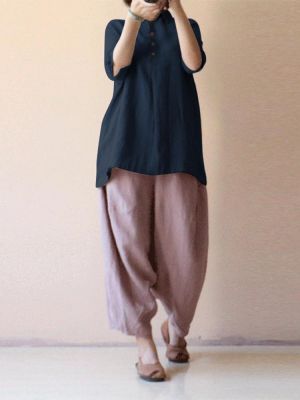 Vintage Women Loose Cotton Linen Lapel 3/4 Sleeve Button Tops