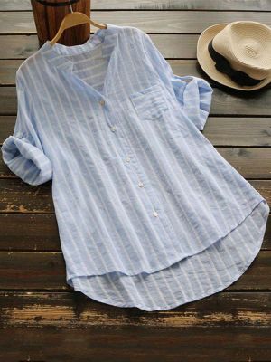 Stripe V-neck Buttons 3/4 Sleeve Irregular Blouse