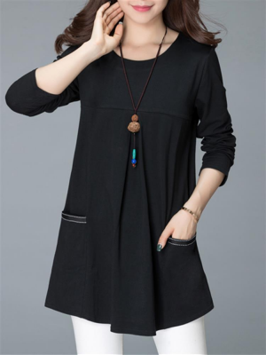 Solid Color Patchwork Long Sleeve O-neck Blouse