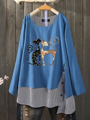 Causal Cat Cartoon Print O-neck Loose Plaid Patch Blouse