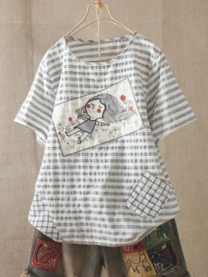 Print Striped Embroideried Cartoon Casual T-shirts