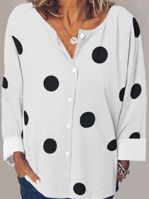 Women Casual Polka Dot Print Button Down Blouse