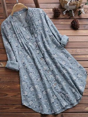 Vintage Floral Print Button Stand Collar Irregular Hem Women Blouse