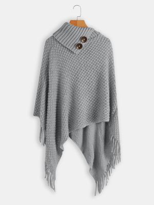 Women Solid Button Irregular Hem Shawl Tassel Sweaters