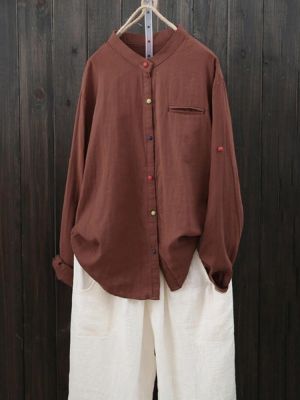 Women Long Sleeve Casual Shirt Buttons Down Cotton Asymmetric Blouse