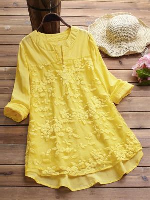 Floral Embroidery V-neck Long Sleeve Irregular Vintage Blouse