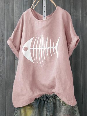 Women Casual Print Fish Bone Short Sleeve Cute T-Shirts
