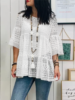 S-5XL Women Long Sleeve Lace Crochet Hollow Out Round Neck Blouse