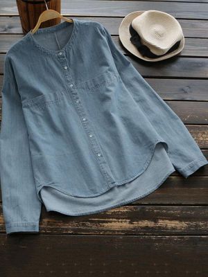 Women Buttons Down Asymmetrical Denim Blouse