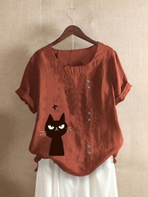 Women Short Sleeve Cat Print Crew Neck Button Casual T-shirts