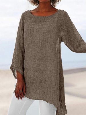 Asymmetric Hem Crew Neck 3/4 Sleeve Solid Casual Blouse